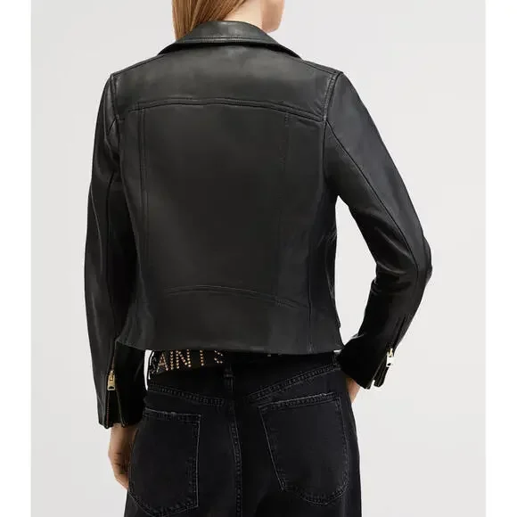 AllSaints Dalby Slim Fit Leather Biker Jacket Black/Gold - Picture 9 of 13